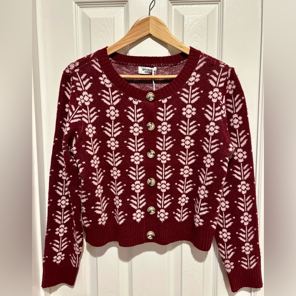 NWT Love Knits NYC Women's Cardigan Burgundy Patterned Sweater M - Picture 2 of 7
